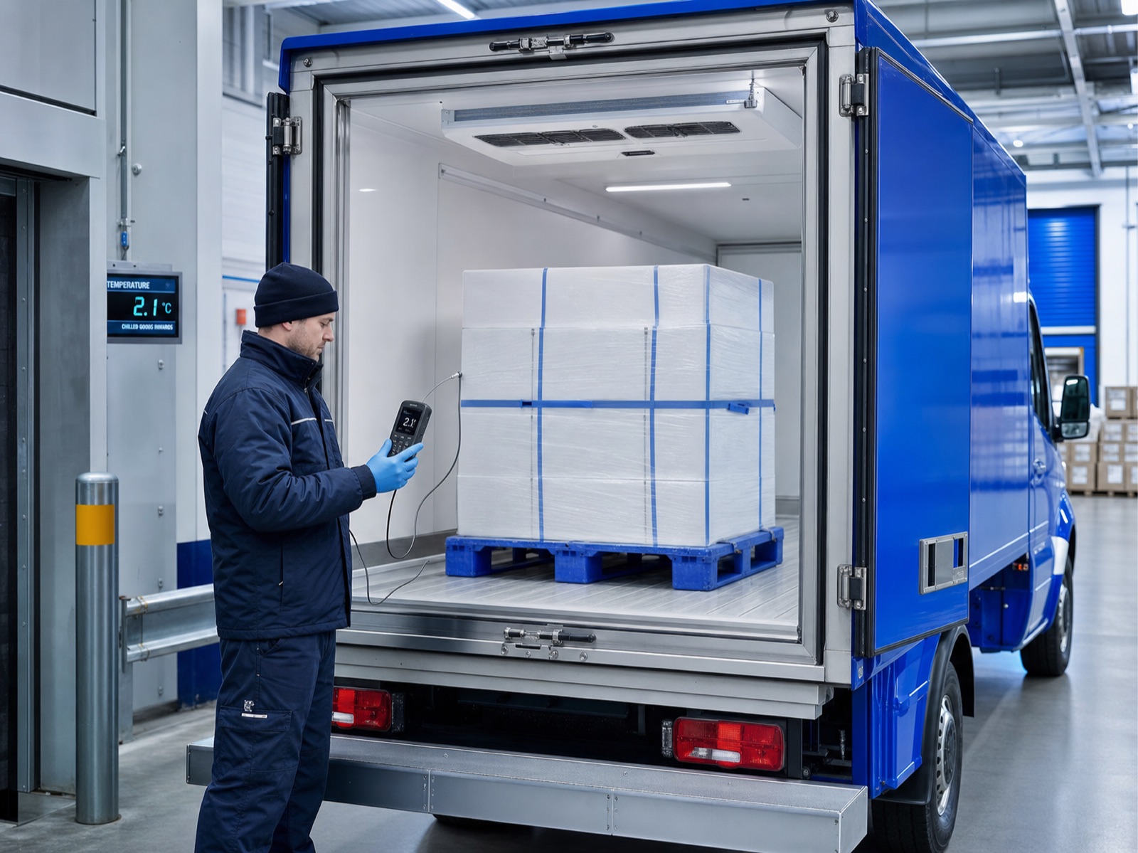 An operator checking the temperature reading at the tail of a refrigerated vehicle
