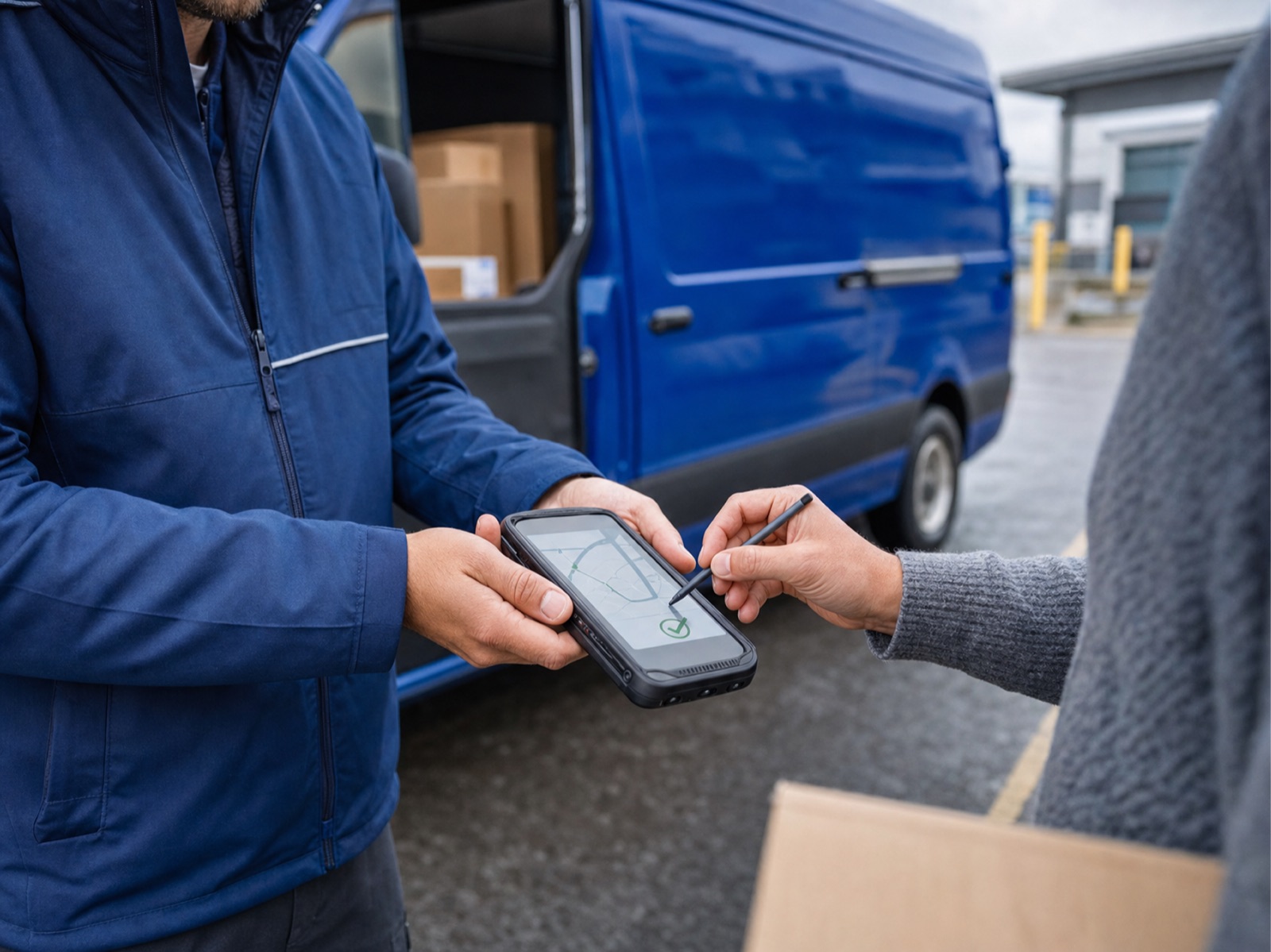 A driver holding out a handheld terminal as the customer signs for delivery