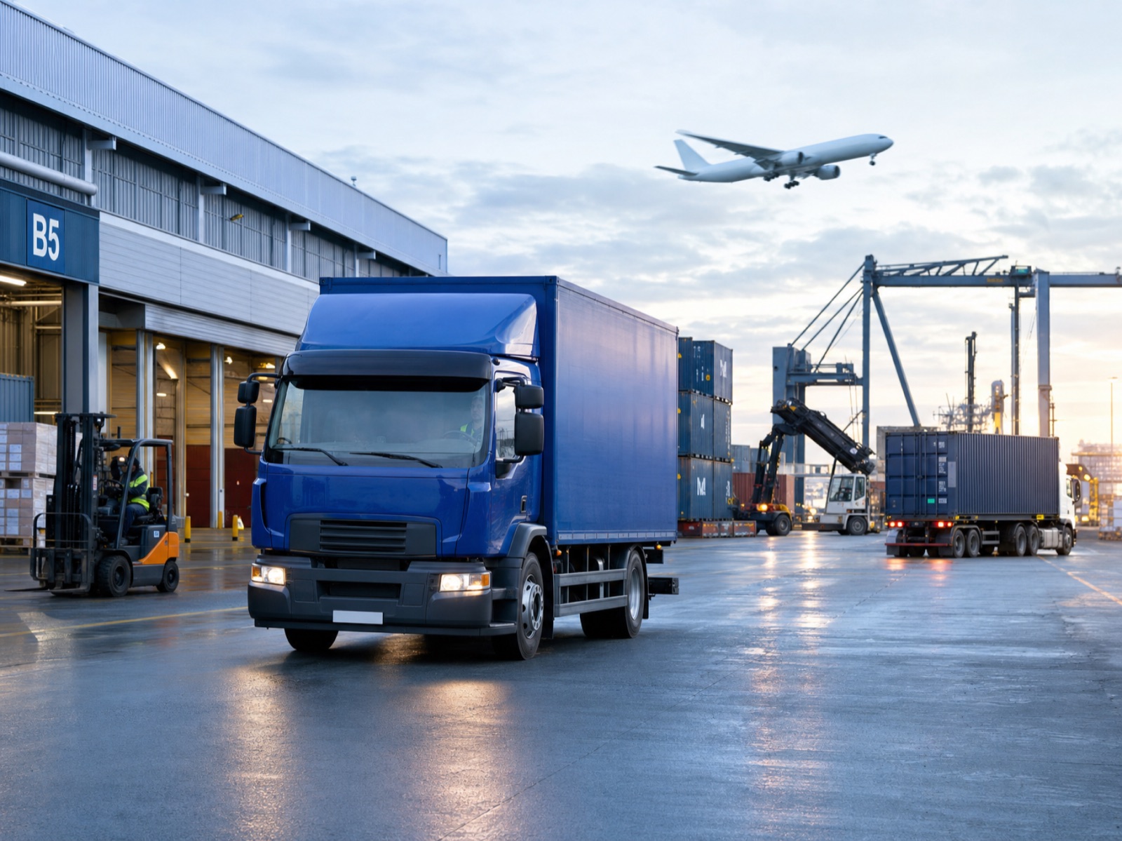 Trucks, container handling and a departing freight aircraft at a cargo terminal
